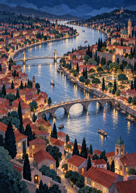 Blue-hour panorama of an imagined riverside city with two bridges and warm-lit terracotta rooftops.