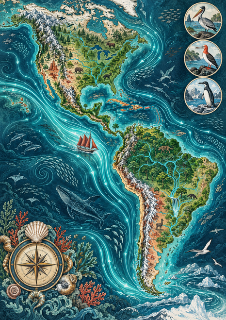 Decorative map of North and South America with turquoise ocean currents, a red-sailed schooner, compass medallion and bird vignettes.