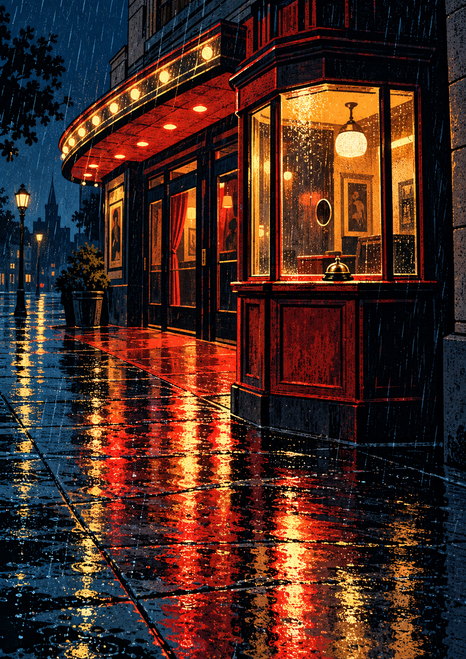 Bright cinema ticket window with a small bell beneath a curved marquee, reflected in rain-slick pavement at night.