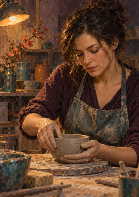 Woman in a dark plum top and apron shaping a clay bowl at a worktable in a pottery studio lit by a warm lamp.