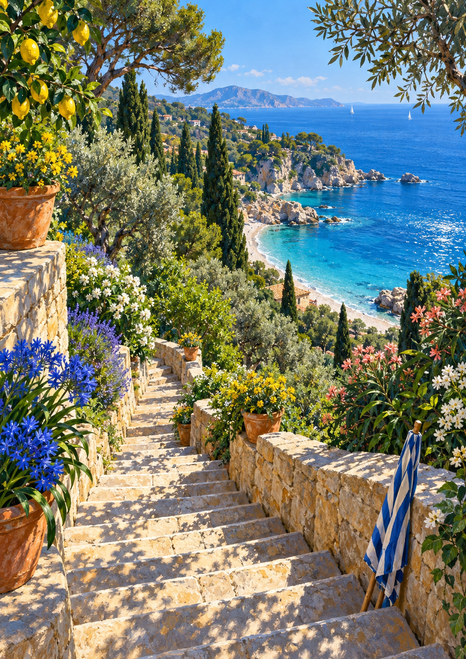 Stone staircase descends through a lush garden with lemons and flowers toward a turquoise cove, with a blue-and-white striped parasol beside the lower steps.