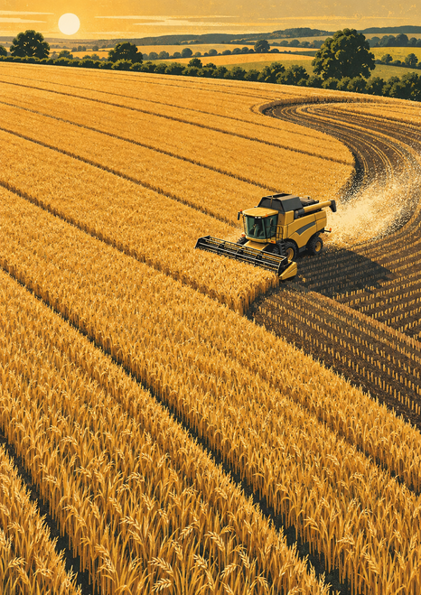 Golden combine harvester cutting a curved track through ripe grain, with dark stubble and chaff behind it beneath a tree-lined horizon.