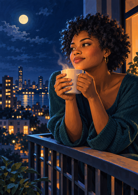A woman with short natural curls holds a steaming mug in both hands at a balcony rail, with a moon, city lights and water behind her.