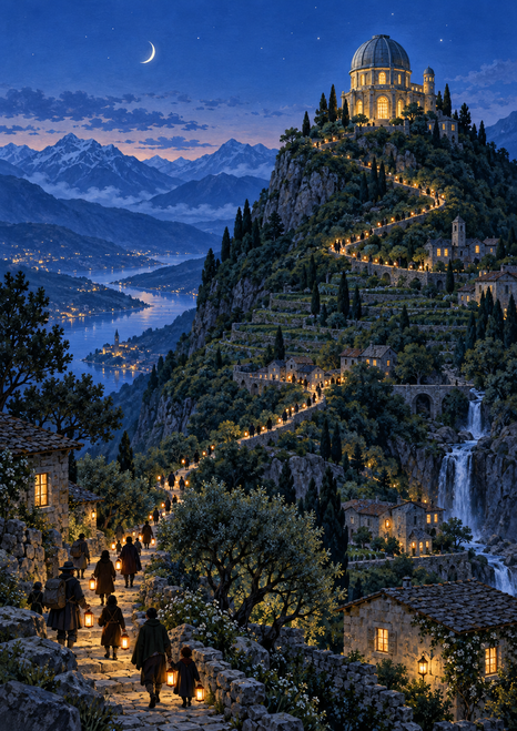 Lantern bearers climb a winding path toward a glowing domed building above a mountain village, with a lake and crescent moon.
