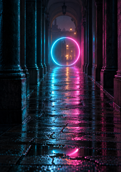 A glowing cyan-and-magenta ring at the end of a dark stone arcade, reflected across wet paving.