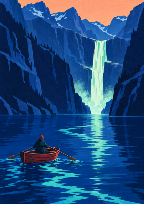 Small red rowboat with a bundled occupant on a fjord channel, facing a mint waterfall between dark angular cliffs beneath a coral sky.