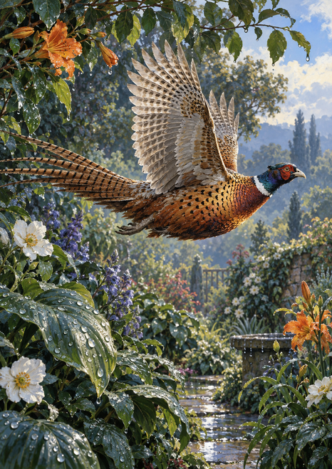 Copper-colored pheasant flying rightward over a reflective stream in a lush garden framed by wet foliage and flowers.
