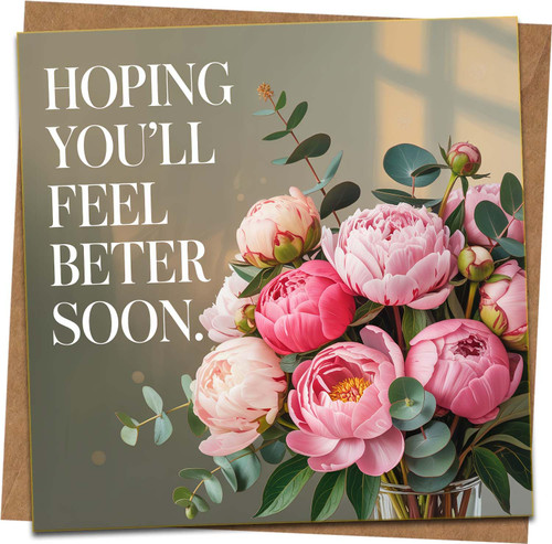 Get Well Soon Card - Feel Better Soon Floral Peony Design, 145mm x 145mm Square Greeting Card, Blank Inside, Includes Kraft Envelope