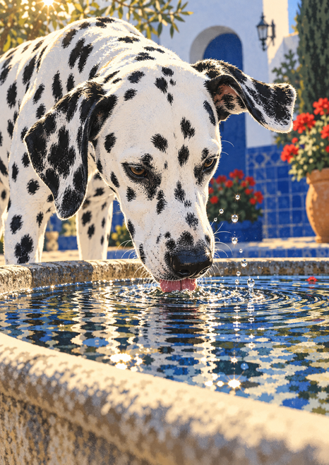 Black-and-white Dalmatian drinking from a stone garden fountain, with rippling water, droplets, cobalt tiles, an arch, lantern, and red flowers.