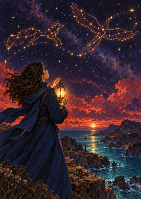 A woman in a dark-blue coat holds a glowing lantern on a rocky shore beneath fox-like and bird-shaped constellations.