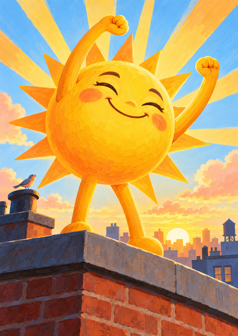 A smiling golden sun character stretches with both arms raised above a brick rooftop, with a bird, city skyline, and pink clouds.