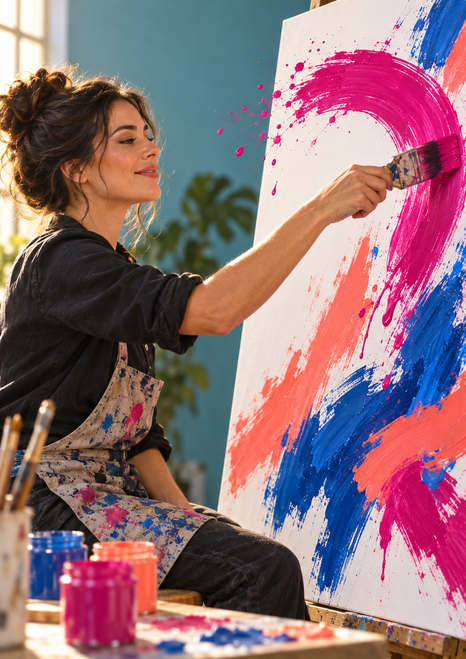 An adult woman in a paint-marked apron reaches with a brush to paint a broad magenta arc on a large canvas in her studio.