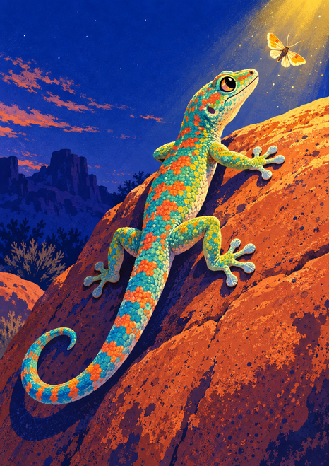 Vivid turquoise, lime, and coral gecko climbing a rust-orange boulder toward a small moth in golden light against a deep blue sky.