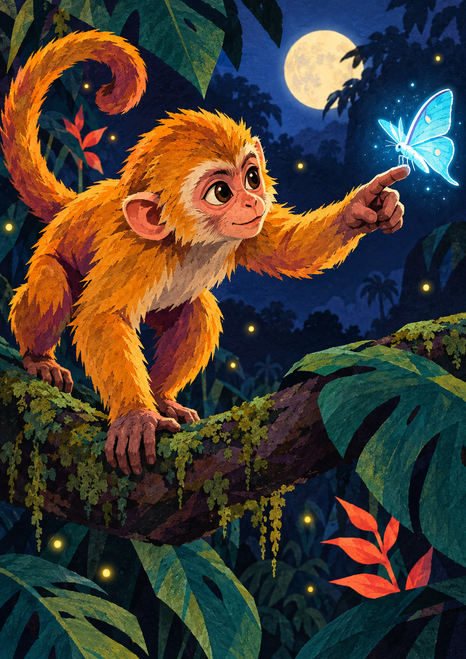 Orange-gold long-tailed monkey reaching toward a glowing blue moth-like insect on a mossy branch beneath a full moon.