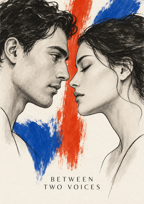 Two dark-haired adult profiles facing one another across a vermilion stroke, with cobalt accents and the title Between Two Voices below.