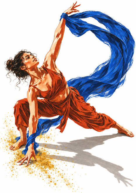 Full-body dancer in a deep side lunge with one arm raised, looping cobalt-blue fabric, golden particles, and a long shadow on white.