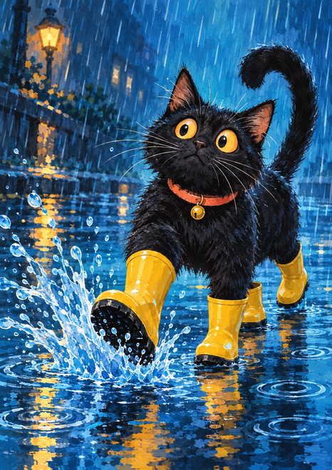 Wide-eyed black cat in yellow rain boots stepping into a blue puddle beneath the rain, with a coral collar and bell.
