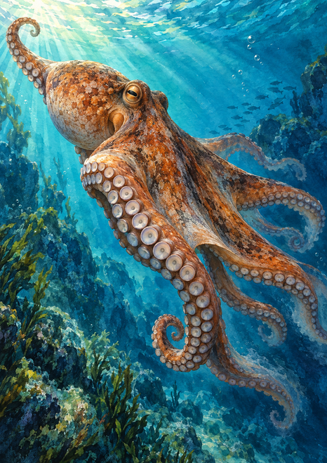 Mottled brown-orange octopus with curling suction-cup-lined arms gliding through blue-green water beneath sunbeams and bubbles.
