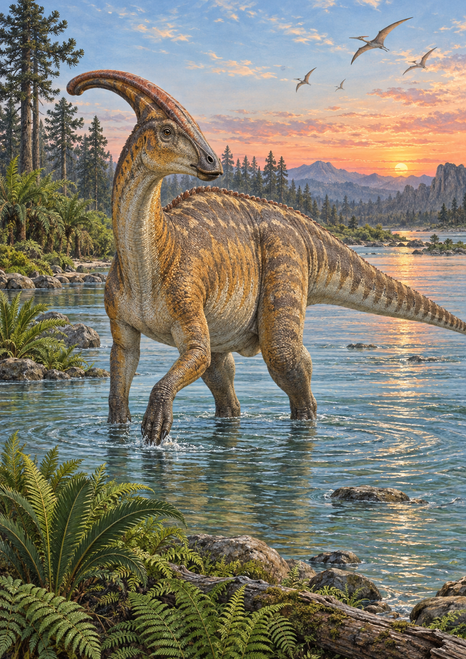 A crested ochre-brown Parasaurolophus wading in a blue-green river, with ferns, distant hills, and flying reptiles beneath a sunset sky.