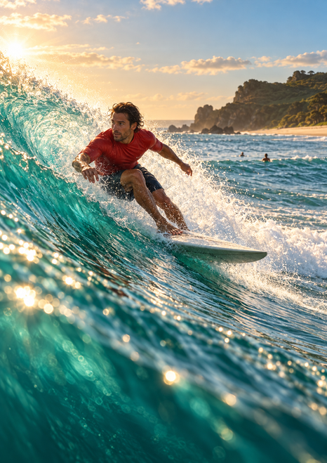 An adult surfer in a red top rides a turquoise wave on a pale board, with swimmers and a rocky headland in the distance.