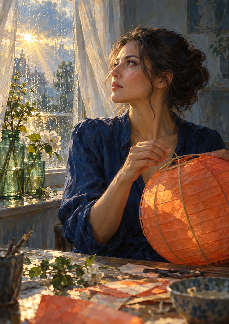 Woman in a deep-blue blouse holding an orange ribbed paper lantern beside a sunlit, rain-speckled window.