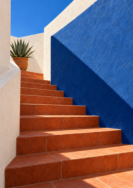 Terracotta staircase rising between pale plaster walls toward a potted agave, beside a broad cobalt-blue wall and shadow.