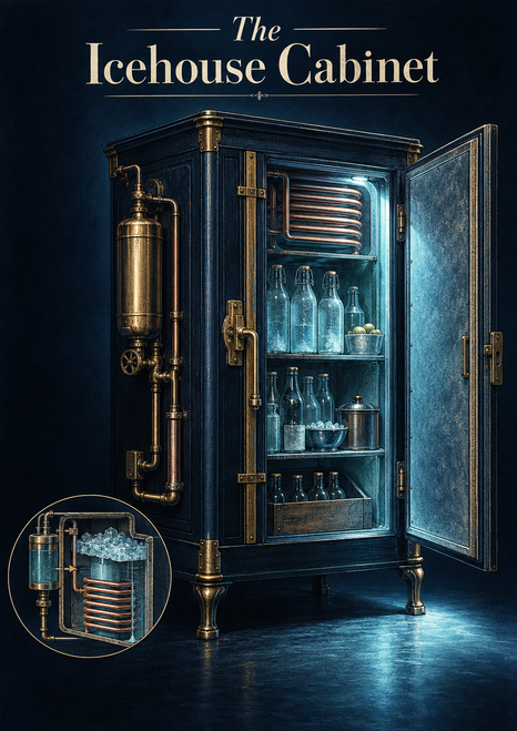 Ornate dark cooling cabinet open to reveal glass bottles and a copper-colored coil, with a circular cutaway inset and title lettering.