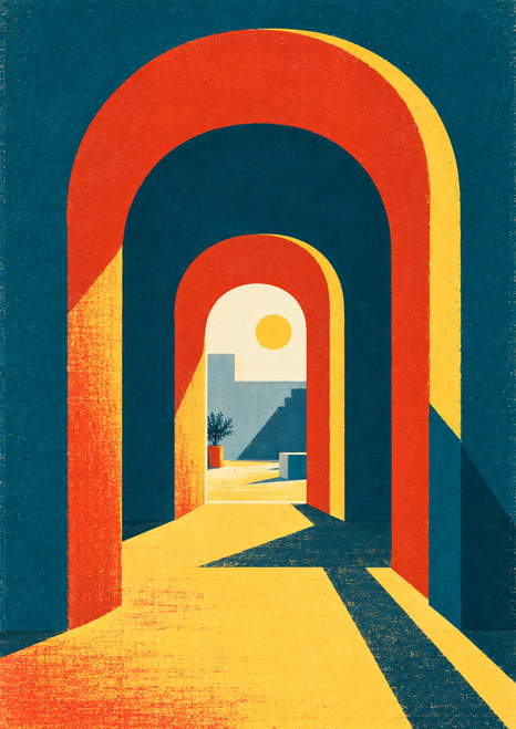 Geometric poster of rounded teal and vermilion archways leading to a bright courtyard with a circular sun and long shadows.