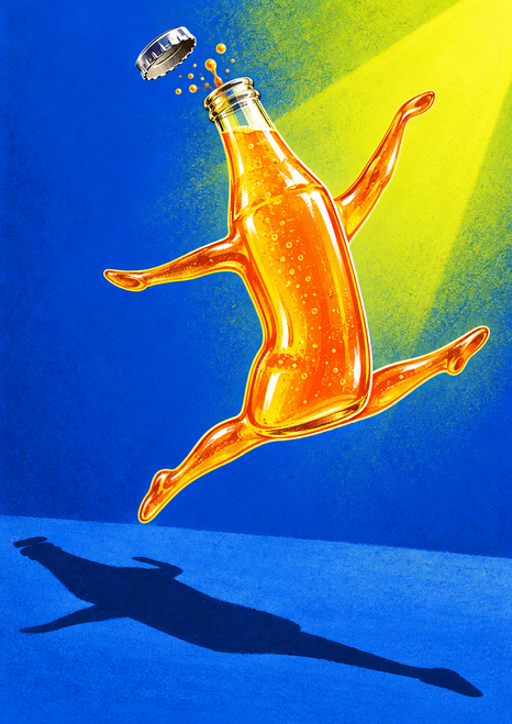 Glowing transparent orange bottle with bubbles airborne above a dark bottle-shaped shadow on a cobalt-blue and chartreuse background, with a silver cap overhead.