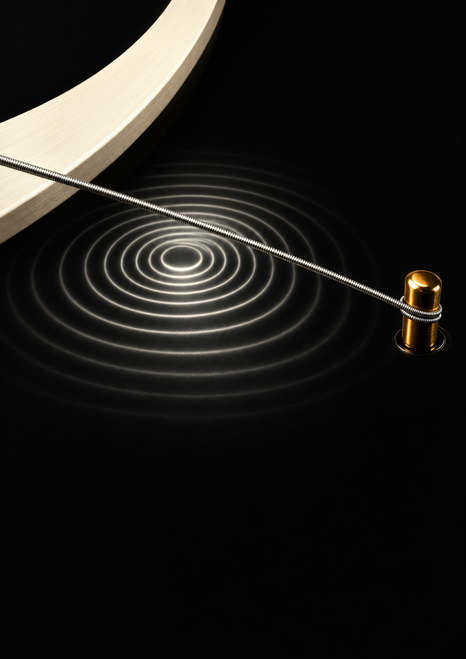 Abstract black poster with a diagonal silver piano string, concentric white rings, an ivory curve and a small gold tuning pin.