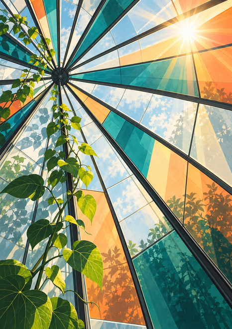 Upward view through a greenhouse roof with radiating dark ribs, teal and apricot glass panels, a climbing vine, and sun flare.