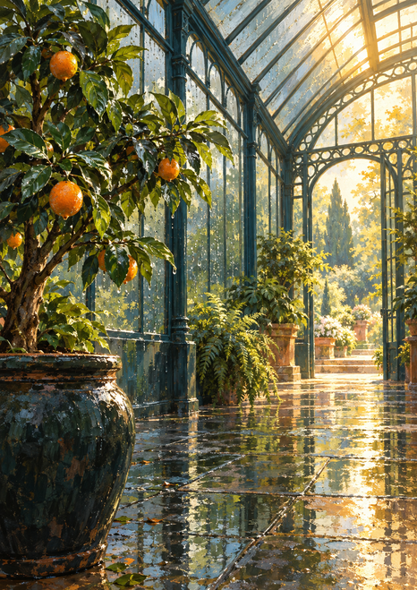A fruiting potted citrus tree stands inside a glass conservatory with iron ribs, wet reflective flooring, and a bright garden beyond.