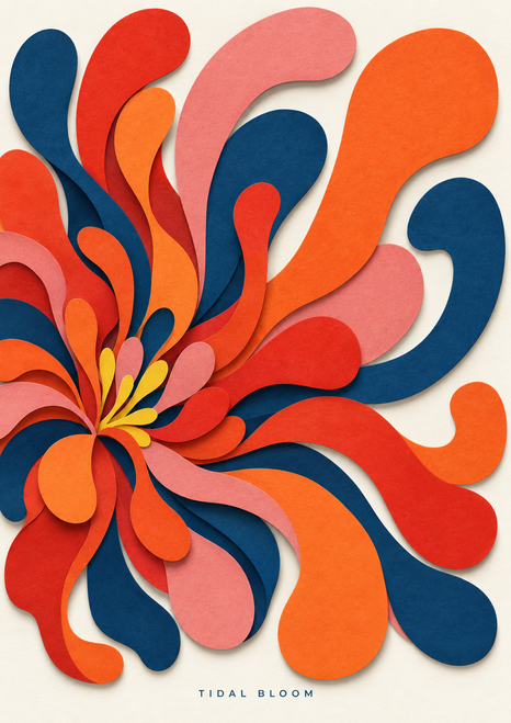 Asymmetrical layered burst of curling vermilion, orange, pink, and blue paper-like shapes with “TIDAL BLOOM” text at the bottom.