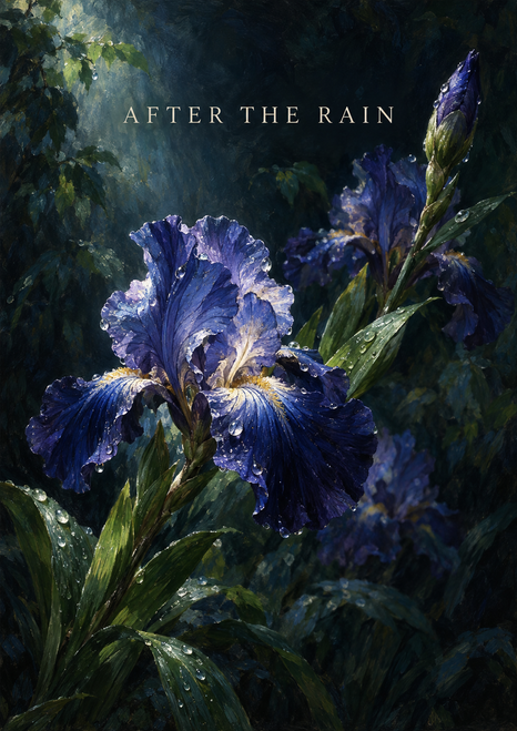 Blue-violet iris flowers with water droplets and green leaves beneath ivory serif lettering that reads “AFTER THE RAIN.”