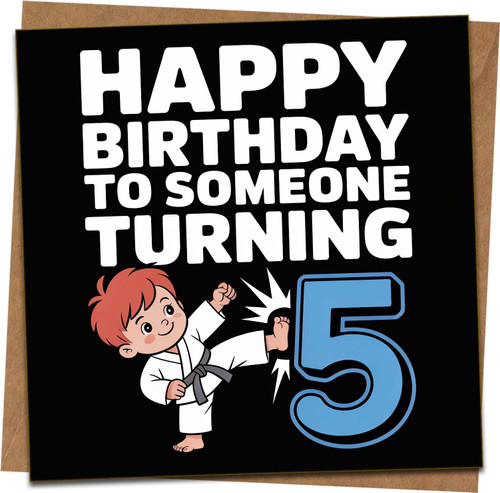 5th Birthday Card for Kids, Karate Theme Funny Cute Cartoon, “Happy Birthday to Someone Turning 5”, Square 145mm x 145mm, Includes Kraft Envelope