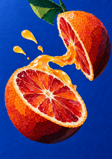 Two blood-orange halves connected by a curling ribbon of juice against cobalt blue, with droplets and a green leaf.