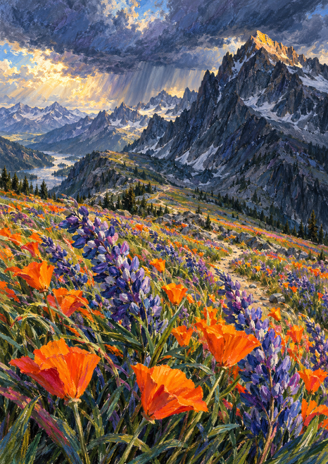 Purple lupines and orange poppies fill the foreground below a serrated, storm-clouded mountain ridge, with a winding trail and sunlight on the highest peak.