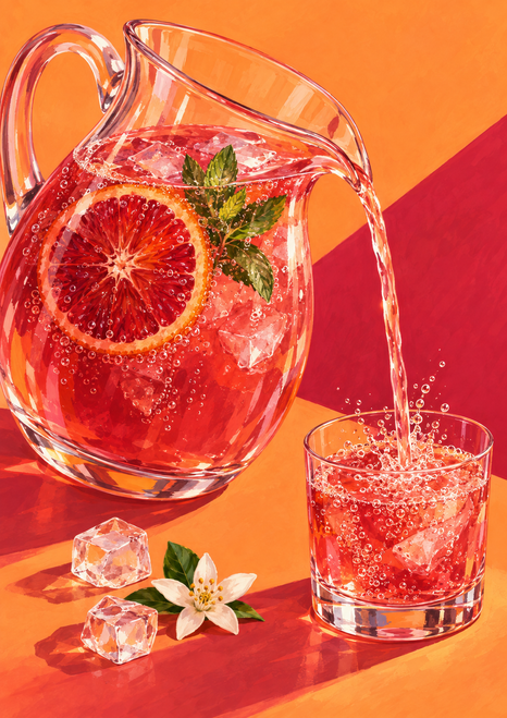 A clear pitcher of sparkling ruby-pink drink with an orange wheel, mint, and ice pours into a tumbler against an apricot and raspberry backdrop.