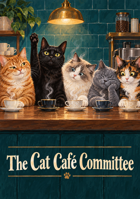 Five cats, including a central black cat raising one paw, sit with cups and saucers behind a teal café counter beneath the title The Cat Café Committee.