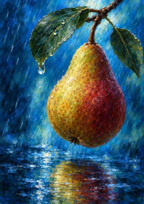 Golden-green and burgundy pear hanging beneath water-beaded green leaves, with a large droplet and bright blue background.