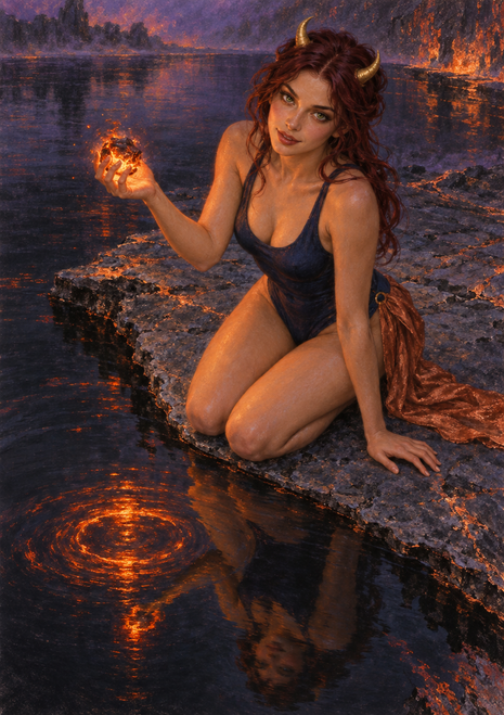 Horned fantasy woman kneeling beside a dark lake, holding a small flame above an orange reflection on the water.