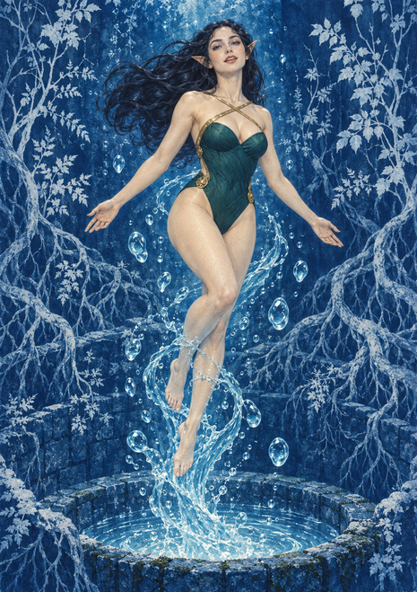 Pointed-eared woman floating above a circular stone well as water spirals upward, framed by pale branches against blue.