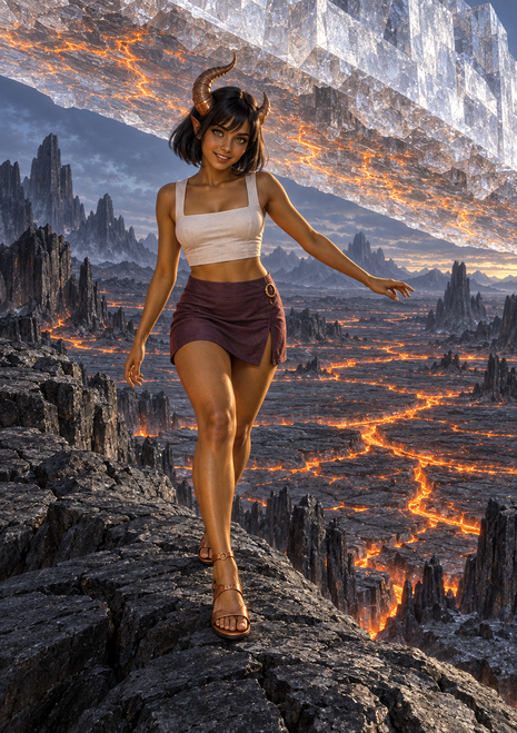 Short-haired horned woman walking across volcanic rock beneath a fractured glowing crystal canopy and above lava channels.