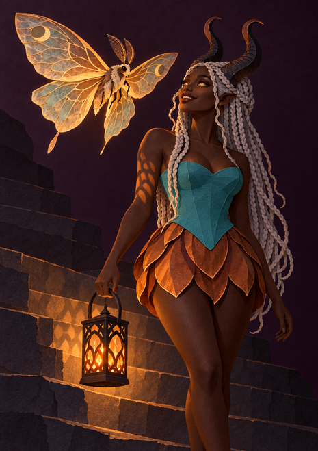 Horned woman with pale braids holding a glowing lantern beside a large luminous moth on stone steps.