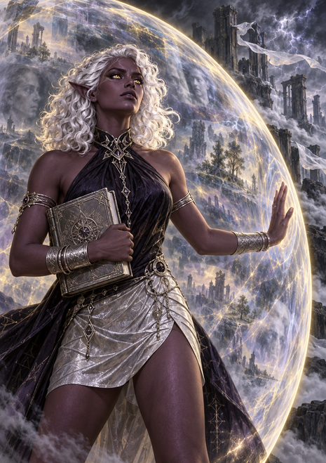 White-haired, pointed-eared woman holding an ornate book beside a glowing dome containing ghostly faces and a ruined landscape.