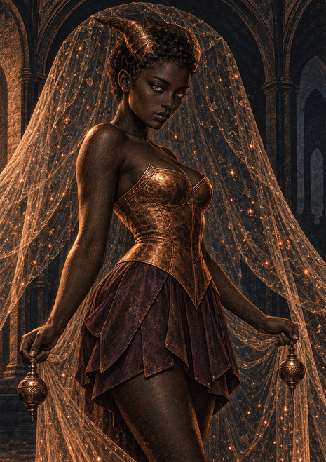 Fantasy woman in a copper-gold bodice holding two vessels beneath a glittering veil in a stone arch.