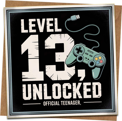 Level 13 Unlocked 13th Birthday Card for Gamer Boys Girls - Official Teenager Video Game Controller Design - 145mm x 145mm Square Greeting Card with Kraft Envelope