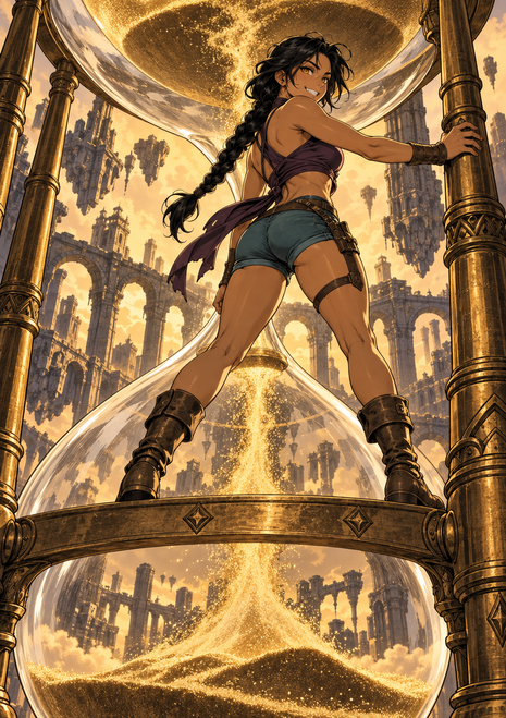 Braided anime-style adventurer gripping the support of a giant hourglass filled with golden sand among ruins.