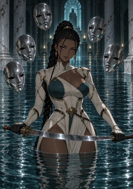 Anime-style woman holding a sword in a flooded arched hall, surrounded by four floating silver masks.