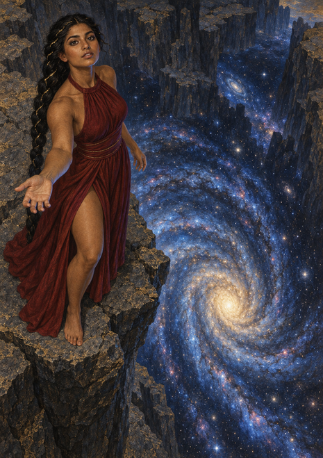 A dark-haired woman in a red gown reaches outward from a rocky ledge above a luminous spiral galaxy in a deep ravine.